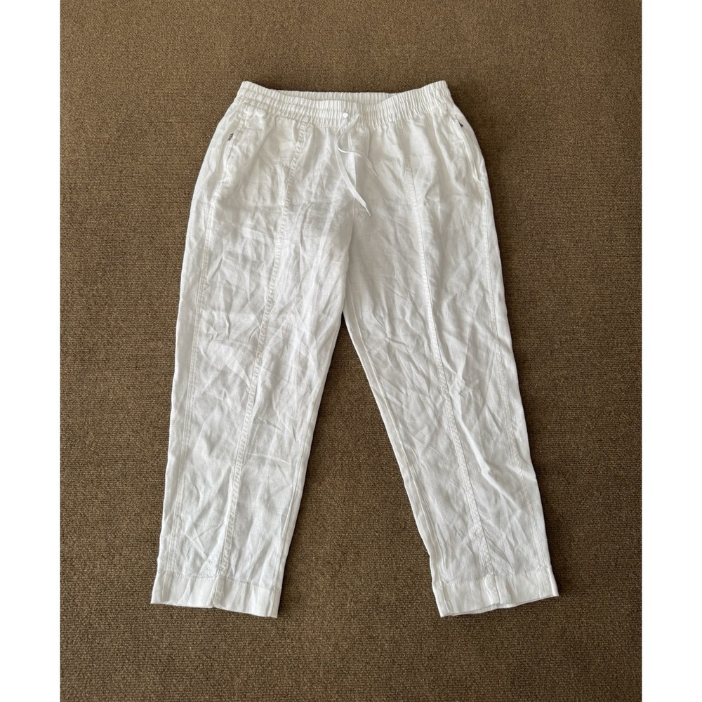 Athleta 100% Linen Pants Women's Size L White Tapered Drawstring